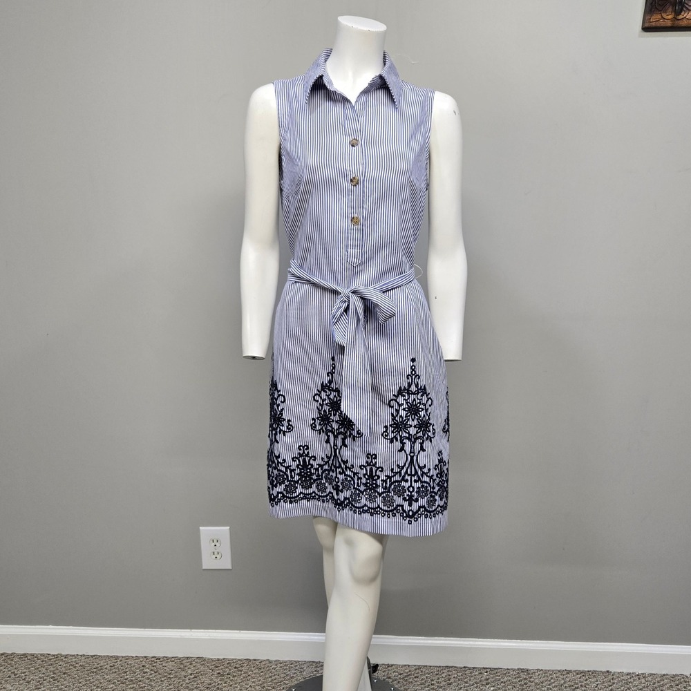 ECI New York Mini Shirt Dress Small Blue Stripe Boho Embroidery Preppy Coastal